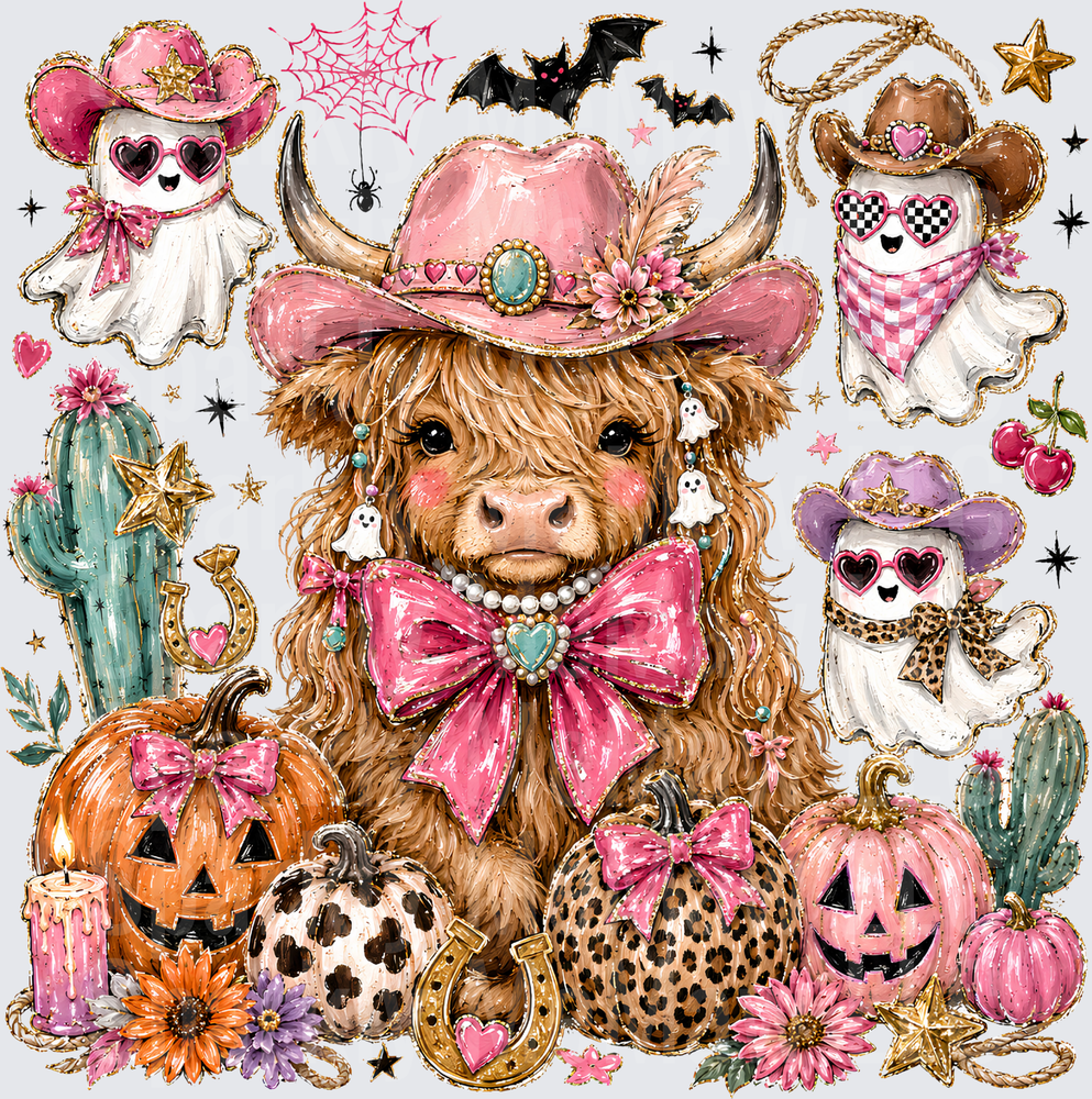 Boho Halloween Highland Cow Cowgirl Pink Hat Ghost Pumpkin Collage DTF Transfer for Fabrics