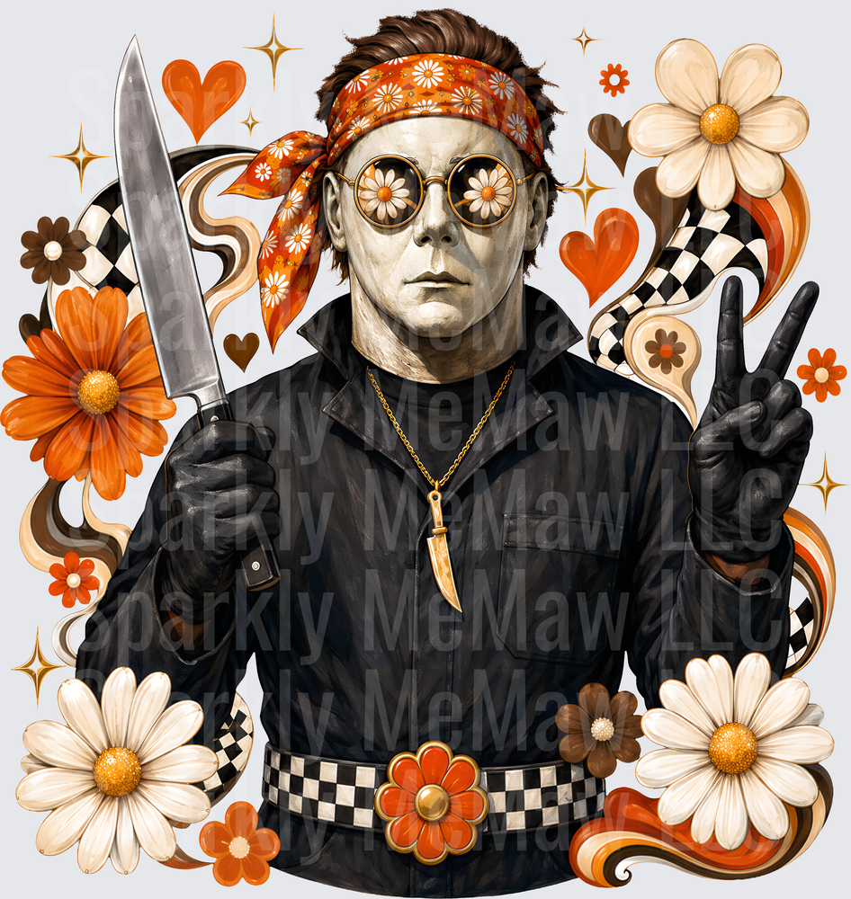 Groovy Retro Michael Myers Halloween Horror Icon Hippie Peace Sign Knife Floral 70s UV DTF Decal