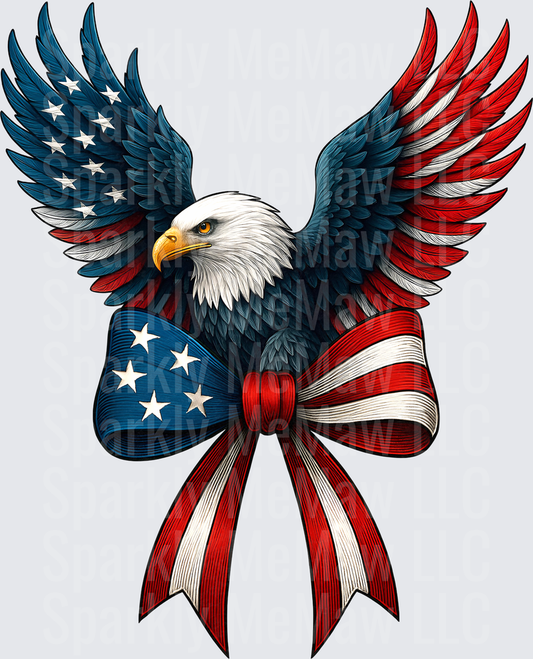 Patriotic Bald Eagle with American Flag Wings and Red White Blue Bow