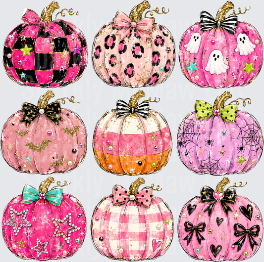 Nine Glam Halloween Pumpkins Pink Leopard Checkered Ghost Spider Web Bow Collection UV DTF 10x10 element sheet