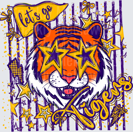 Let's Go Tigers Roaring Tiger With Star Sunglasses Purple Gold Spirit Stars Pennant UV DTF Decal