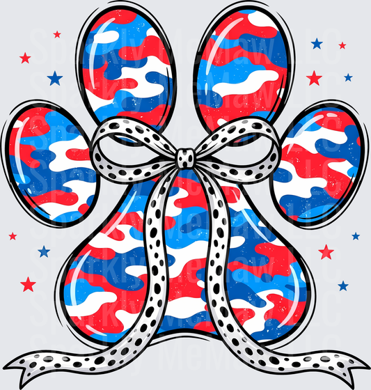 Patriotic Red White Blue Camouflage Paw Print with Polka Dot Bow UV DTF Decal