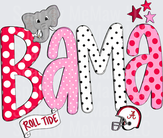 Bama Roll Tide Polka Dot Letters with Big Al Elephant and Football Helmet Stars UV DTF Decal