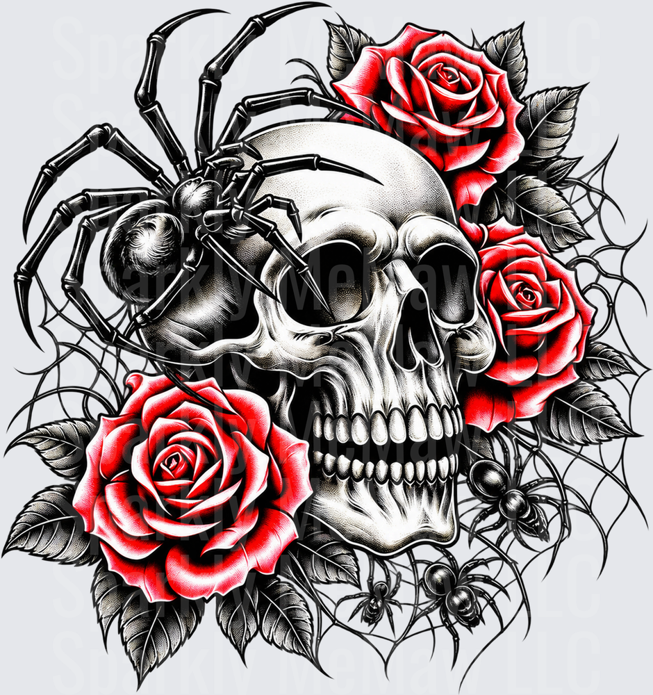 Gothic Skull Red Roses Spiders UV DTF Decal