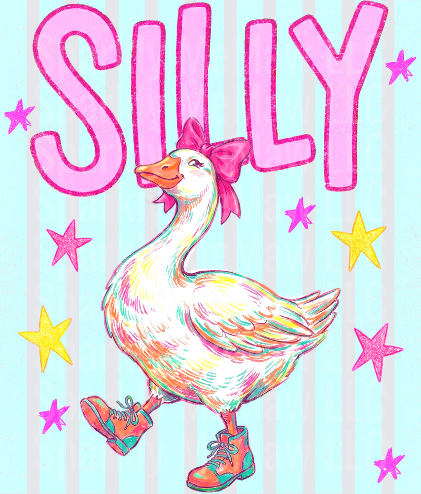 Silly Goose with Pink Bow and Boots Colorful Stars Striped Background UV DTF Decal