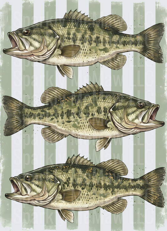 Three Largemouth Bass Fish on Green Striped Background UV DTF Decal