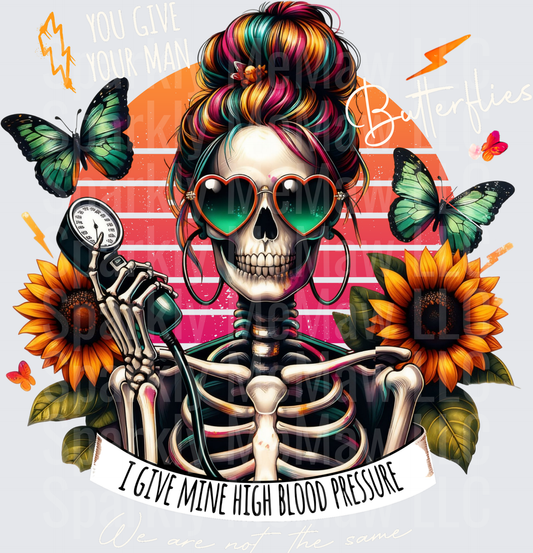 Retro Skeleton Nurse with Rainbow Hair Heart Sunglasses Blood Pressure Joke UV DTF Decal