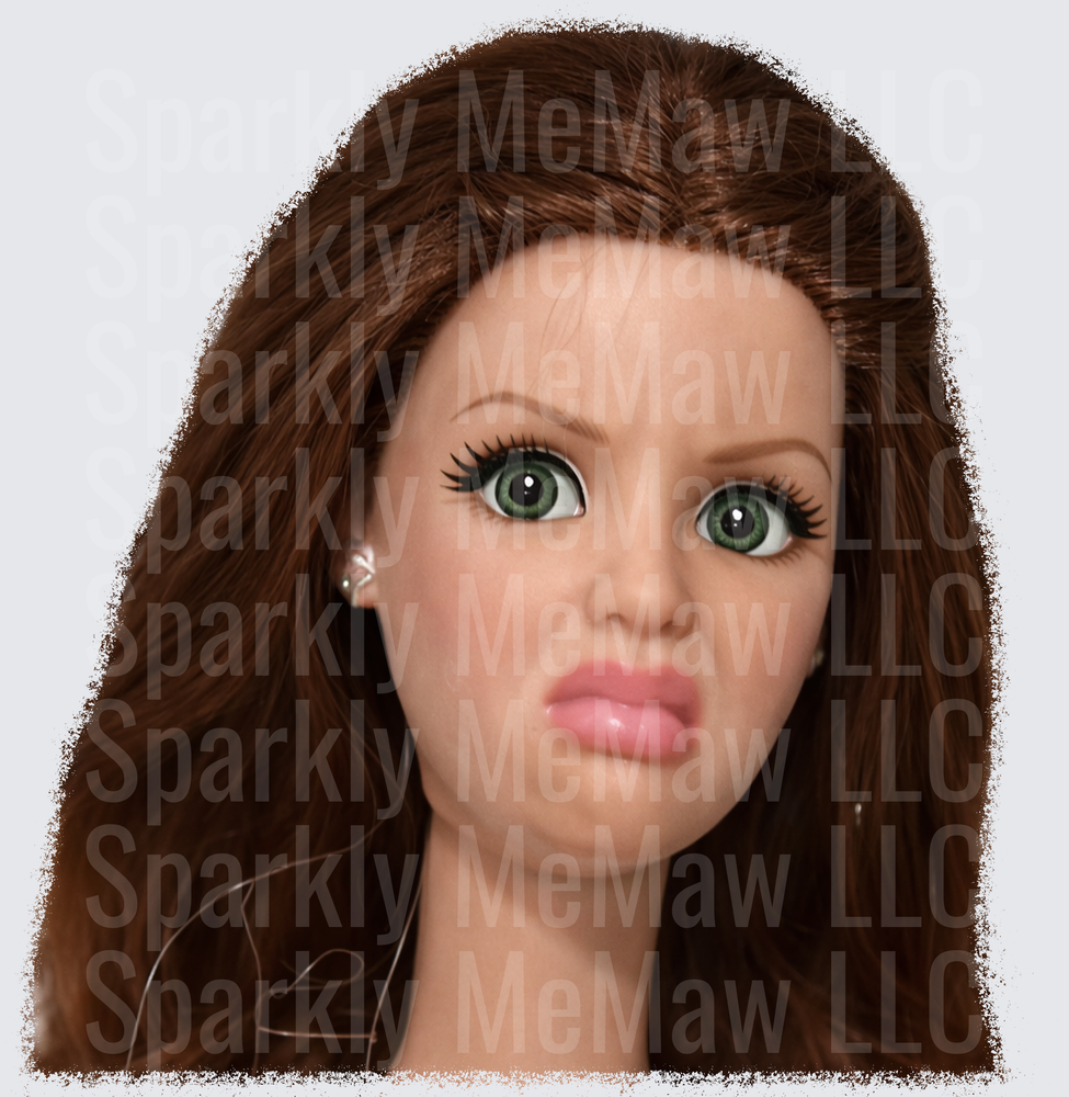 Realistic Barbie Doll Face with Green Eyes and Brown Hair UV DTF Decal