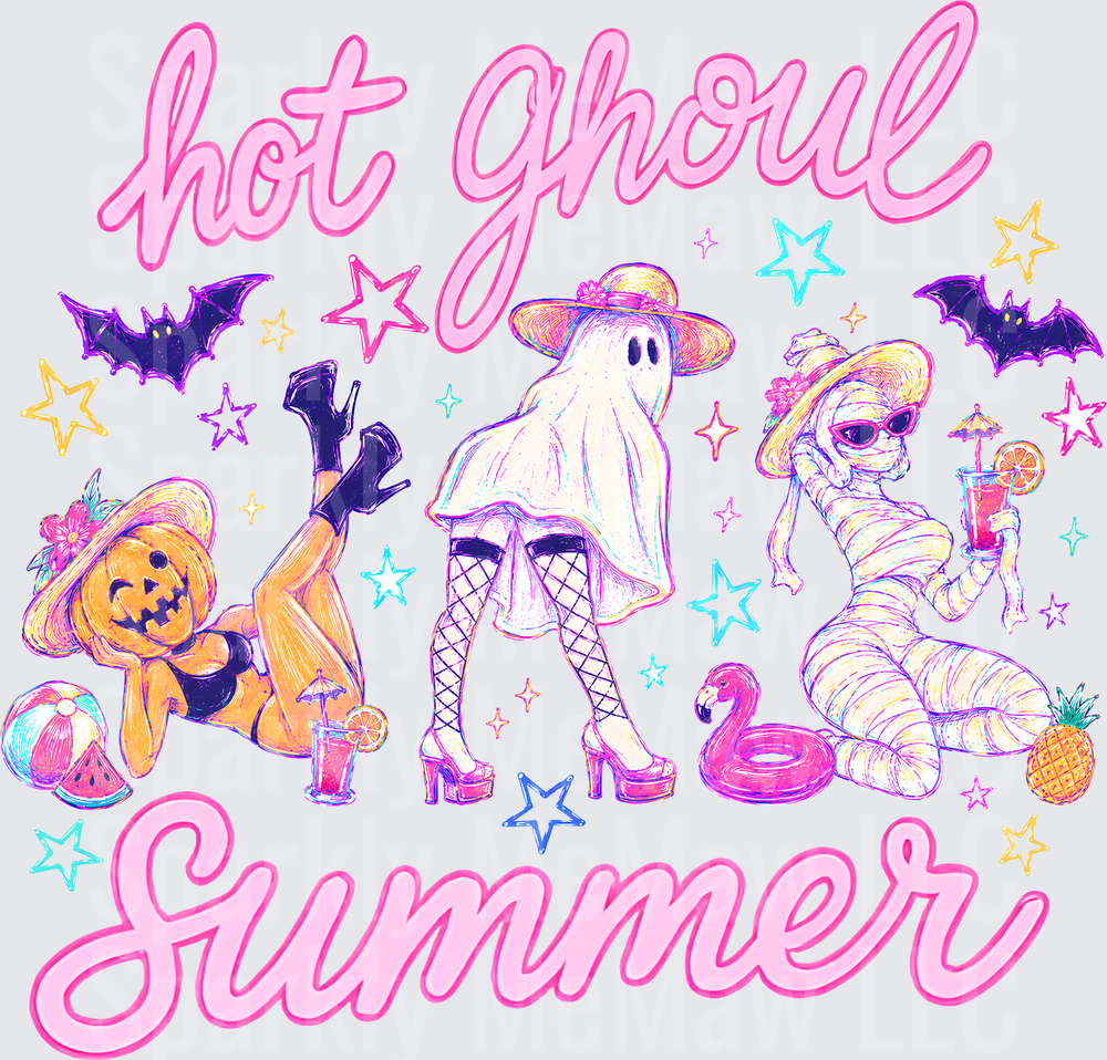 Hot Ghoul Summer DTF Transfer - Halloween Characters in Summer Vacation Scene with Pumpkin Ghost Mummy and Tropical Elements