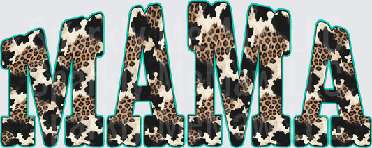 MAMA Cow Print Leopard Mix Teal Outline Bold Letters DTF Transfer (fabrics)