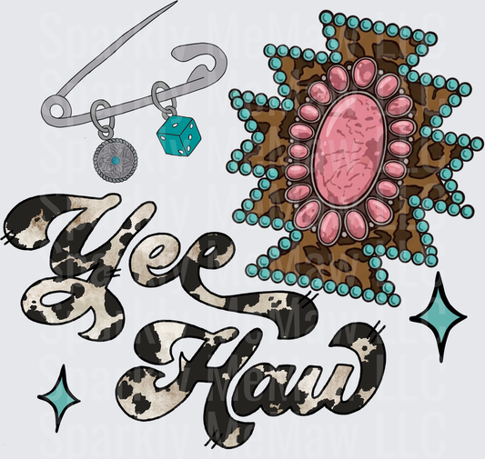 Yee Haw Cow Print Text with Western Boot and Safety Pin Charms UV DTF Decal