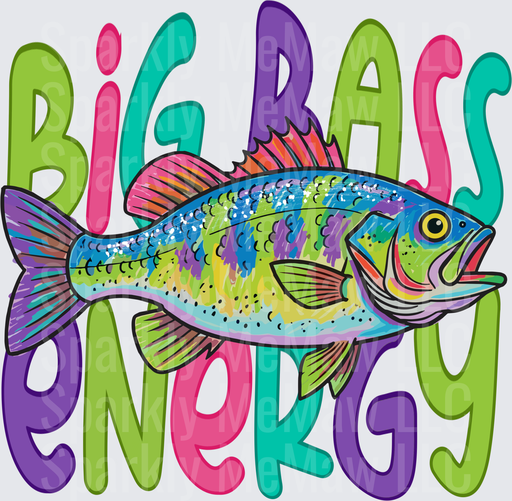 Colorful Bass Fish Big Bass Energy Typography Design UV DTF Decal