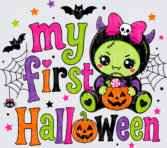 My First Halloween Cute Baby Girl Zombie Costume Pink Bow Skull Jack-O-Lantern Bats Colorful DTF Transfer for fabrics