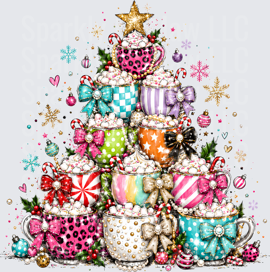 Stacked Christmas Hot Cocoa Mugs Tree with Marshmallows Bows and Gold Star uv dtf decal