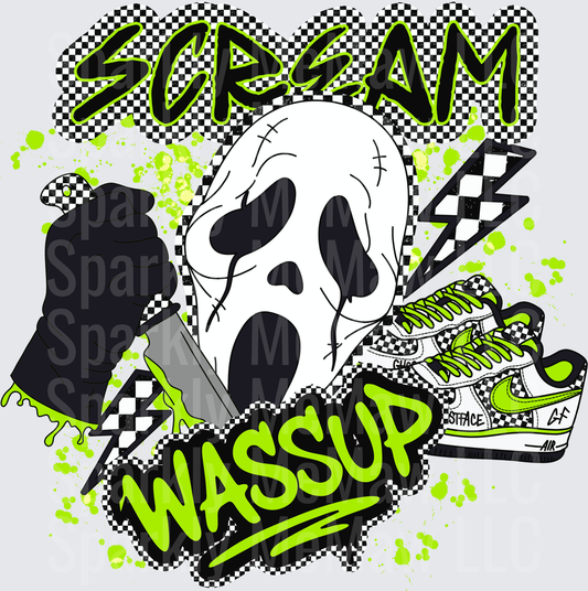 Scream Movie Ghostface Mask Wassup Parody with Sneakers and Knife Green Splatter DTF Transfer for Fabric