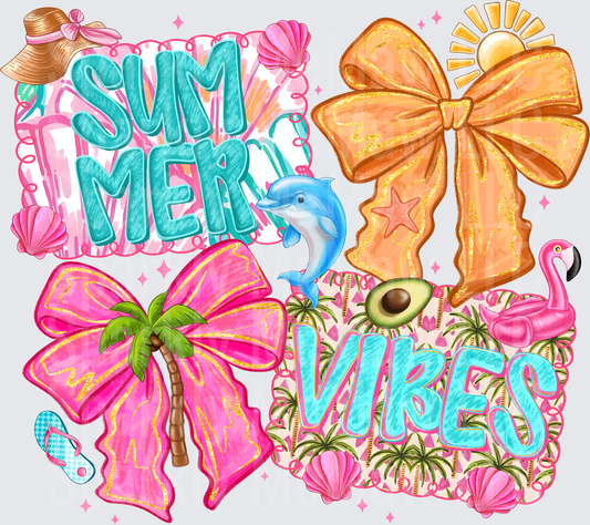 Summer Vibes DTF Transfer with Colorful Bows Dolphins Palm Trees Flamingo and Tropical Beach Elements for Fabric